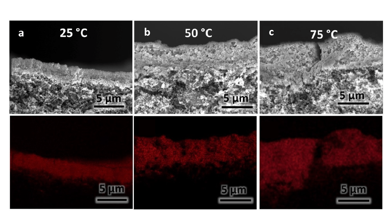 그림 2. 이번 연구에서 사용된 (a) 25도, (b) 50도, (c) 75도의 온도에서 적층된 다양한 두께의 구리 촉매 층의 전자 주사 현미경 단면 이미지와 그에 해당하는 에너지분산형 분광분석 이미지. 하단 이미지의 붉은 점은 구리 촉매 층을 나타낸다. (스케일 바: 5 µm)