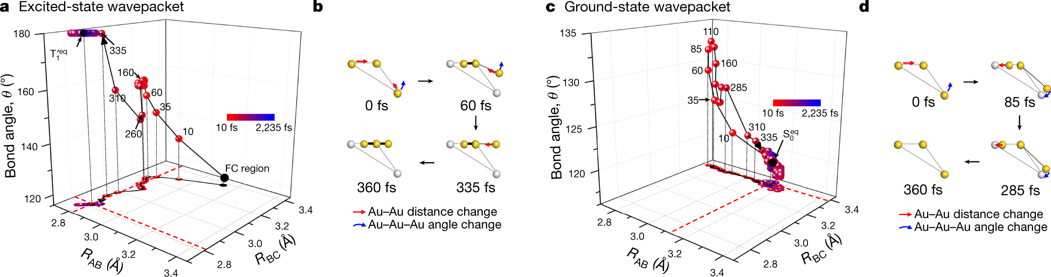  Figure 2. Trajectories of the excited-state and ground-state wavepackets determined from TRXL data.