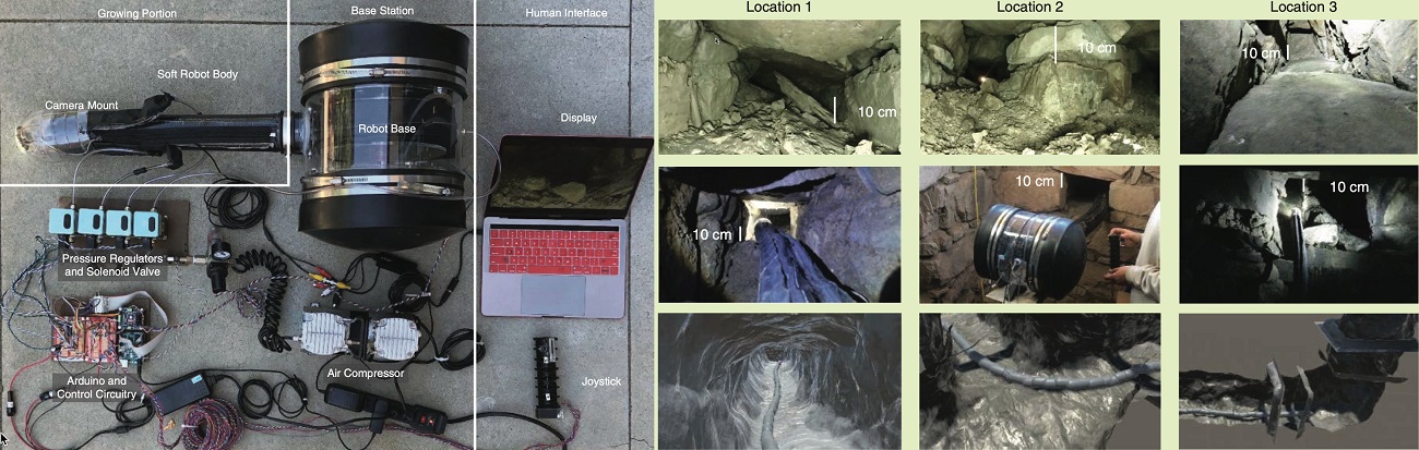 그림 1. 연구팀이 개발한 소프트 그로잉 로봇과 재난 및 탐사현장(페루 고대동굴)에서 활용모습
