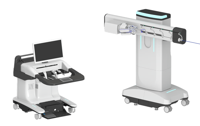 로엔서지컬의 신장 결석 수술 로봇 시스템 (좌 : 조종장치, 우 : 수술로봇)