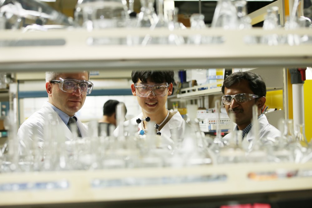 Professor Cafer T. Yavuz (left), PhD Candidate Youngdong Song (center), and Researcher Sreerangappa Ramesh (right)