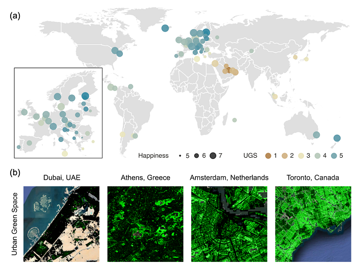 Figure 1. (a) The map of urban green space and happiness in 60 developed countries. The size and color of circles represent the level of happiness and urban green space in a country, respectively. The markers are placed on the most populated cities of each country. (b) Urban green space is measured by the UGS in four world cities. The green areas indicate the adjusted NDVI per capita (i.e., UGS) for every 10m by 10m pixel.