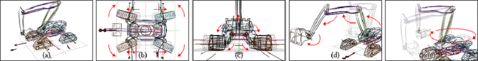 A sequence of how a variety of actions of complex articulation of an object involving multiple links and rotating platforms such as an autonomous excavator from a concept drawing can be done easily with the novel sketching system.