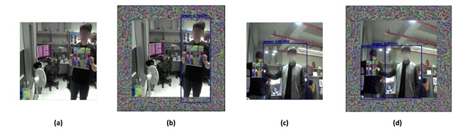 그림 1. (a) 물리적인 환경에서 적대적 위장 패턴 공격을 당했을 때를 나타낸다. (b) 제안하는 방어 프레임으로 (a)상황을 방어했을 때를 나타낸다. (c) 공격받지 않은 사람과 함께 있을 때를 나타낸다. (d) 제안하는 방어 프레임으로 (b)상황을 방어했을 때 정상적으로 검출 된다.