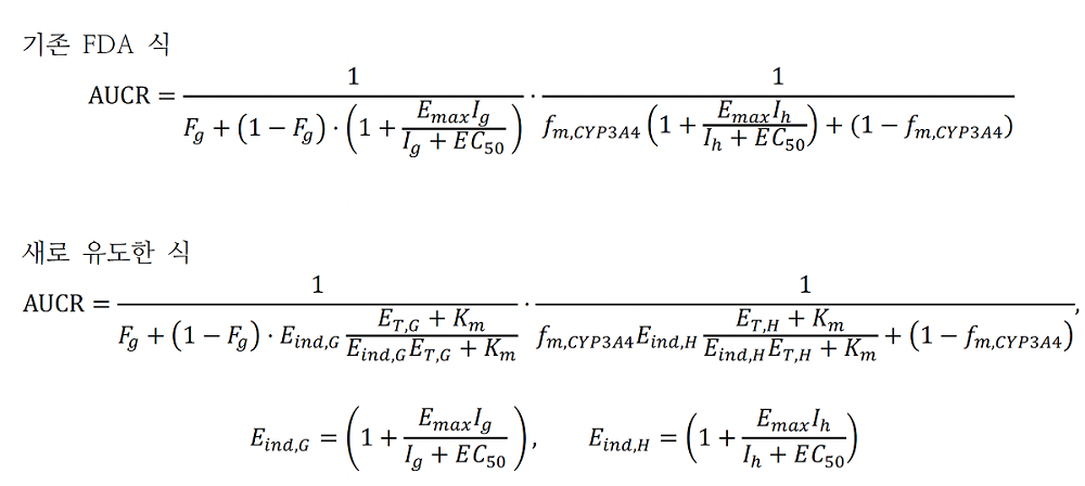 약물 상호작용 예측을 위해 FDA 가이던스에서 제시하는 수식(위)과 연구진이 새로 유도한 수식(아래). AUCR(약물 농도-시간 곡선 하면적)은 약물 상호작용에 의한 약물 농도의 변화 비율을 나타낸다. 연구진은 기존 수식보다 약물 상호작용 예측 정확도를 2배 이상 높였다.