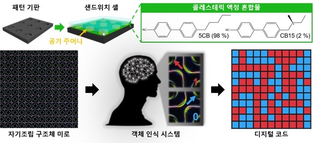 그림 1. 액정 물질이 패터닝 된 기판에서 형성하는 자기조립 구조체 미로를 이용한 보안기술 개발