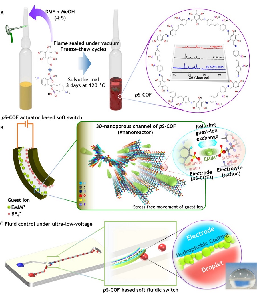 그림 2. 전기 활성 연성 유체 스위치의 공통 전극-전해질 호스트로서 pS-COF의 합성 및 사용. A, pS-COF의 합성 모식도. B, 전기화학 소프트 스위치의 작동 원리에 대한 개략도. C, 동적 동작에서 유체 흐름을 제어하기 위해 pS-COF 기반 전기화학 소프트 스위치를 사용하는 모식도