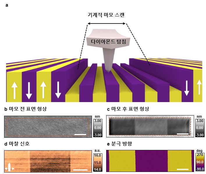 그림 1. 강유전체 표면의 비대칭 트라이볼로지, a: 본 연구의 개념도. 강도 및 경도가 높은 다이아몬드 탐침을 이용하여 대표적인 강유전체 소재인 LiNbO3 단결정을 기계적으로 갈았을 때 분극 방향에 따라 마모 특성이 다름을 보여줌. b-e: 기계적 마모 이전 평탄했던 소재 표면(b)이 분극 방향(e)에 따라 다르게 갈림 (c). 기계적 마모 중 마찰 신호 또한 분극 방향에 따라 달라짐을 보임 (d). 스케일 바: 2 µm