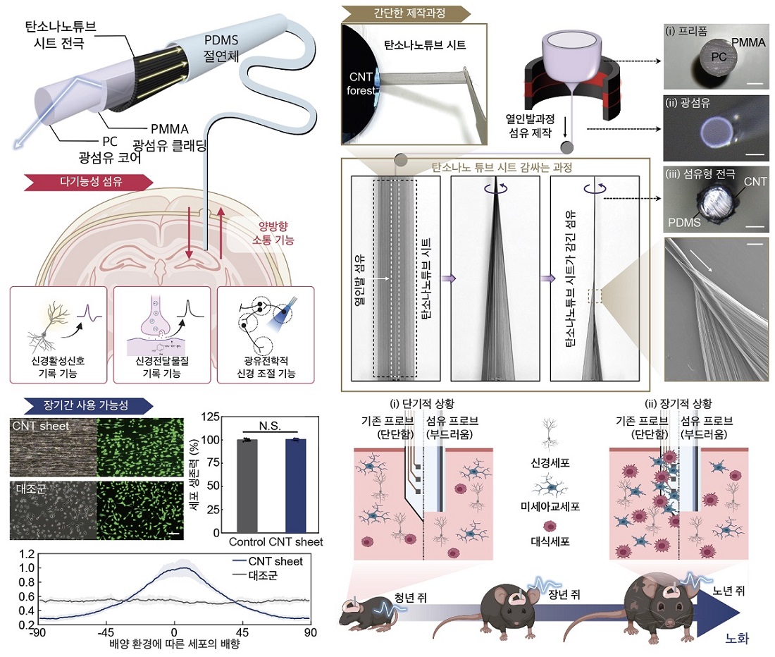 그림 1. 다기능성, 간단한 제작과정, 장기간 사용 가능한 섬유형 신경 인터페이스 개요