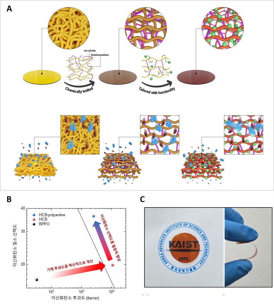 그림 1. (A) 고분자 분리막이 화학작용기로 튜닝된 분자체 분리막으로 진화하는 과정에 대한 모식도; 기체 투과도 향상을 위한 미세기공확보와 화학작용기 도입에 의한 이산화탄소의 선택적 투과 구현. (B) 분리막 구조 변화에 따른 이산화탄소 분리 성능 변화 (C) 완성된 분리막의 모습 