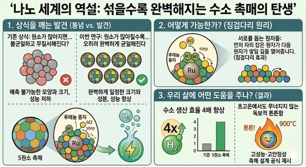 경쟁적 반응성을 이용한 다성분 나노입자 형성과 수소 촉매 응용 개념도(AI 생성이미지)
