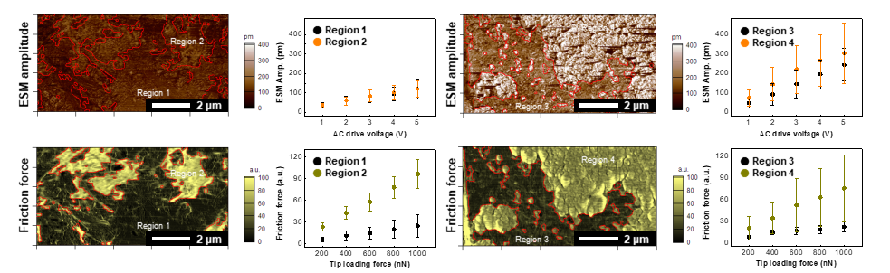 Figure: AFM images of (a, c) samples A and (b, d) B. (a, b) Topographic height images and (c, d) friction force images, respectively. All images