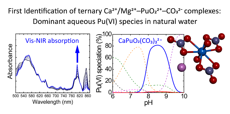 그림1. 삼성분 칼슘 플루토닐 카보네이트 (CaPuO2(CO3)32-) 화학종 형성을 보여주는 vis-NIR 흡수 분광스펙트럼 변화(왼쪽)와 본 연구에서 도출된 열역학 데이터를 기반으로 예측된 지하수 환경에서의 6가 플루토늄 화학종 분포도(오른쪽)
