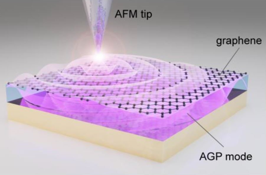 Figure. Laser-illuminated nano-tip excites the acoustic graphene plasmon in the layer between the graphene and the gold/alumina.