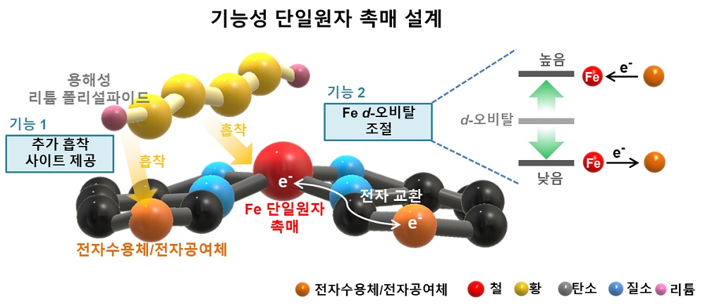 그림 1. Fe 원자 주변에 전자공여체와 전자수용체 도입을 통한 전자교환 현상 유도 전략 모식도. Fe 원자 주변의 전자공여체 및 전자수용체는 반응 중간생성물인 리튬 폴리설파이드가 직접적으로 흡착할 수 있는 site이기도 하면서, Fe 원자의 전자구조를 제어하는 역할을 한다. 