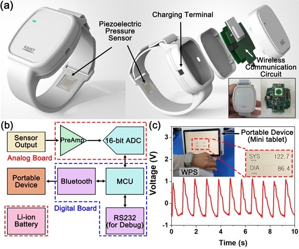 Figure 2. Wearable piezoelectric blood pressure sensor mounted on a watch