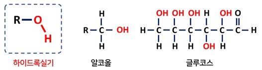 [그림 3] 하이드록실기와 그것을 포함하는 분자구조 알코올이나 포도당과 같이 하이드록실기 (Hydroxyl group)를 포함하는 분자들은 일반적으로 물에 대한 용해도가 높은 것으로 알려져 있음.