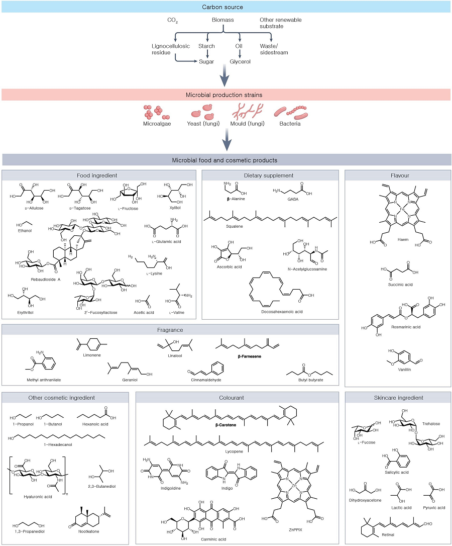 Examples of production of food and cosmetic compounds using microbial cell factories