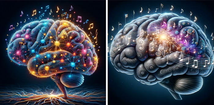 그림 1. 뇌와 인공신경망의 음악성 일러스트레이션 (논문 내용을 바탕으로 DALL·E3 AI로 생성됨)